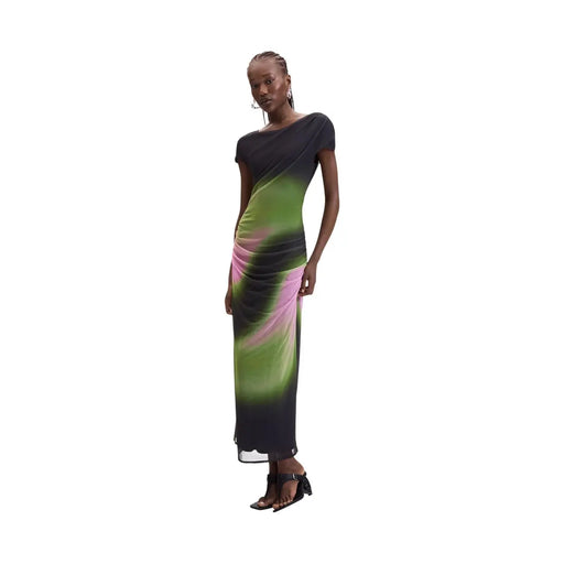 Robe Desigual pour femme, verte, coupe slim, en polyester et élasthanne, longueur midi asymétrique, dégradé noir, vert et rose.