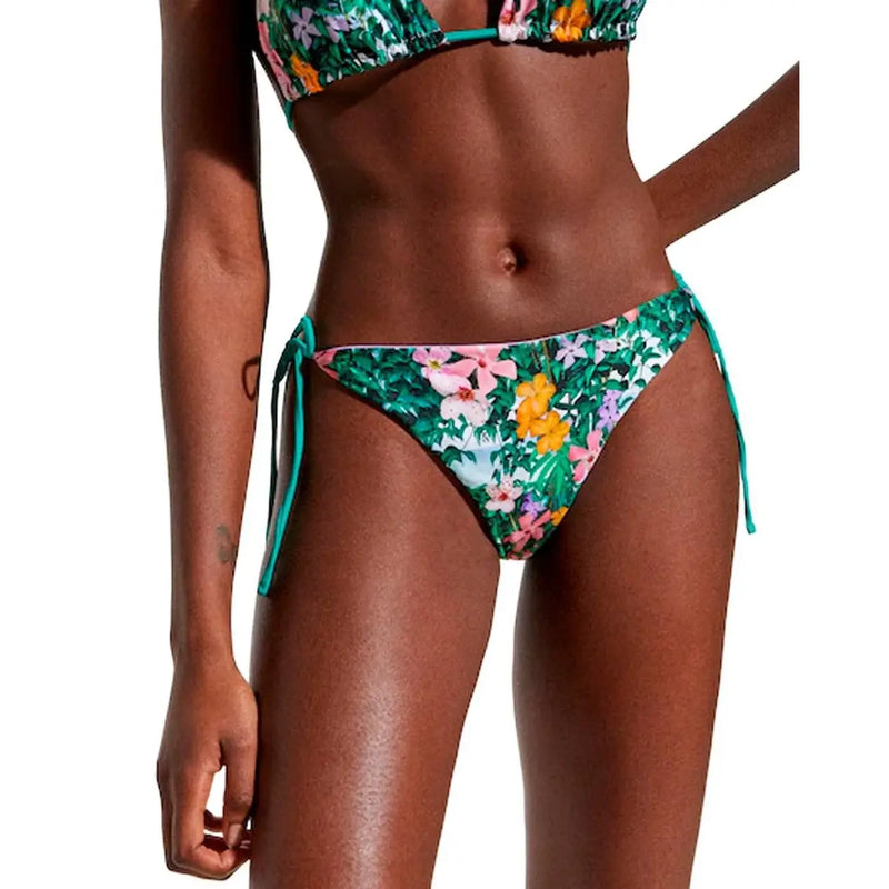 Desigual women green floral beachwear bikini bottom with vibrant tropical print and teal side ties on dark green background