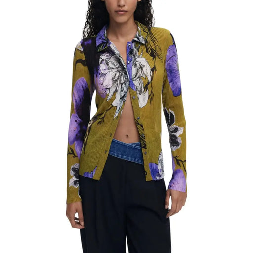 Desigual olive green ribbed knit cardigan with purple, white, black floral pattern