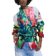 Pull long Desigual pour femme, en maille verte acrylique, orné d'un motif abstrait vibrant d'éclaboussures de peinture et de poignets roulés.