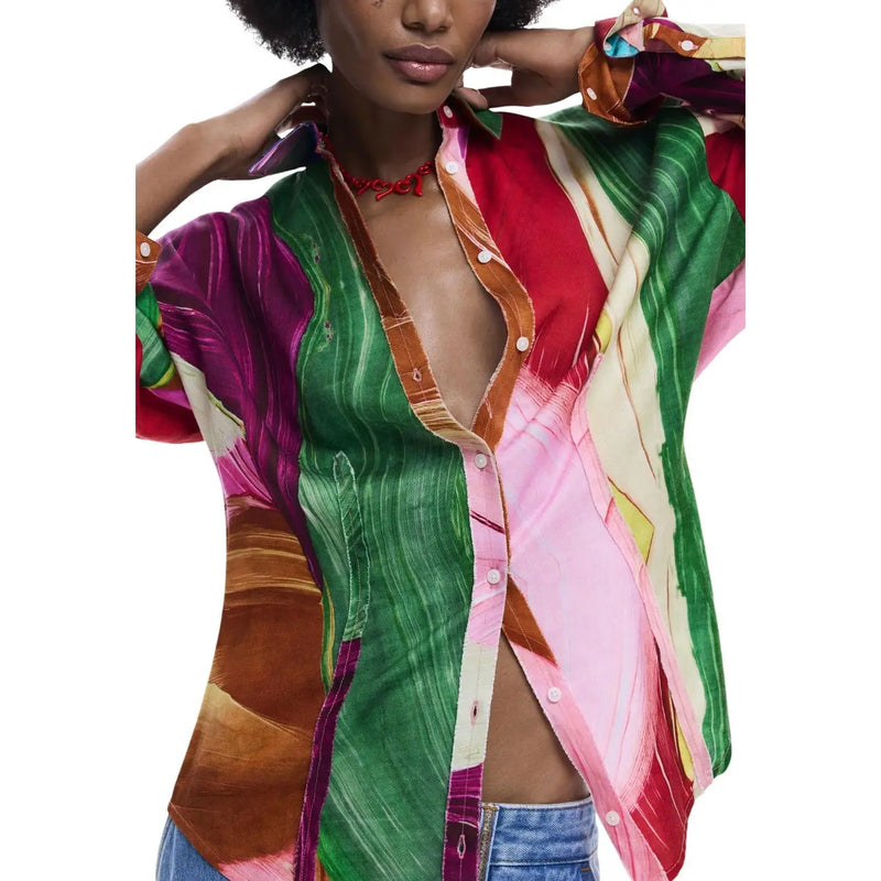 Desigual women green lyocell long classic shirt with vibrant multi-colored silk bold vertical stripes