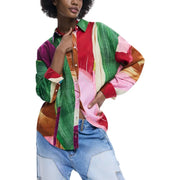 Desigual women green lyocell long classic shirt with bold green red pink brown vertical stripes and silky texture