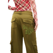 Pantalon cargo Desigual pour femme, vert, en polyester, avec poches et motif floral brodé sur la poche arrière