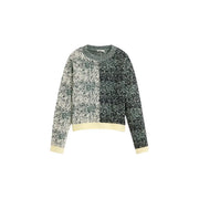 Pull Desigual pour femme en maille de laine mélangée verte, orné d'un motif bicolore crème et vert foncé et de poignets jaune pâle.