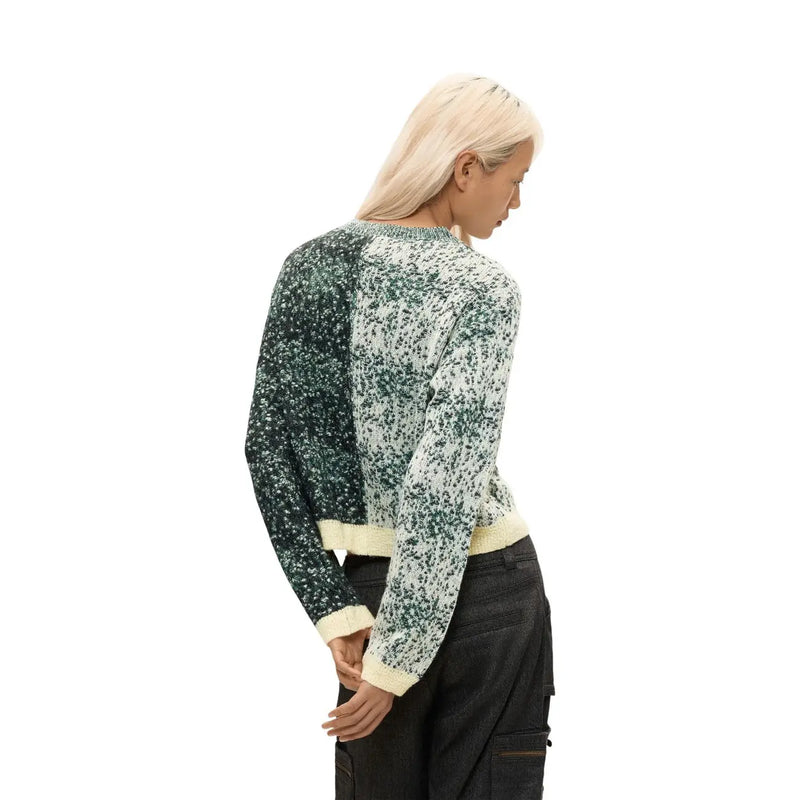 Pull court à manches longues Desigual pour femme, en maille de laine mélangée verte, à motif moucheté bicolore et poignets crème.