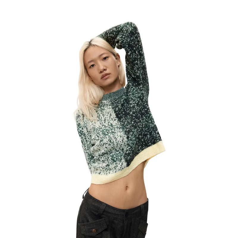 Pull court à col montant Desigual pour femme, en laine mélangée verte, à motif moucheté et ourlet côtelé crème