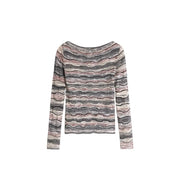 Pull Desigual pour femme en maille de coton gris, col bateau, manches longues et motif ondulé multicolore gris, rose et beige