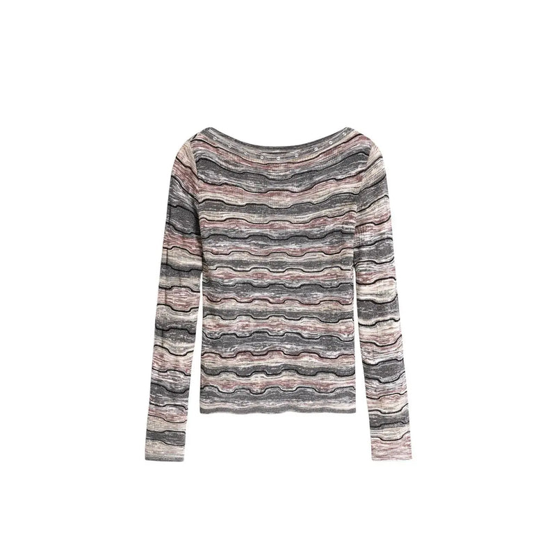 Pull Desigual pour femme en maille de coton gris, col bateau, manches longues et motif ondulé multicolore gris, rose et beige