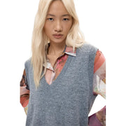 Gray knit sleeveless sweater with v-neckline in polyester by desigual for women featuring low cut design