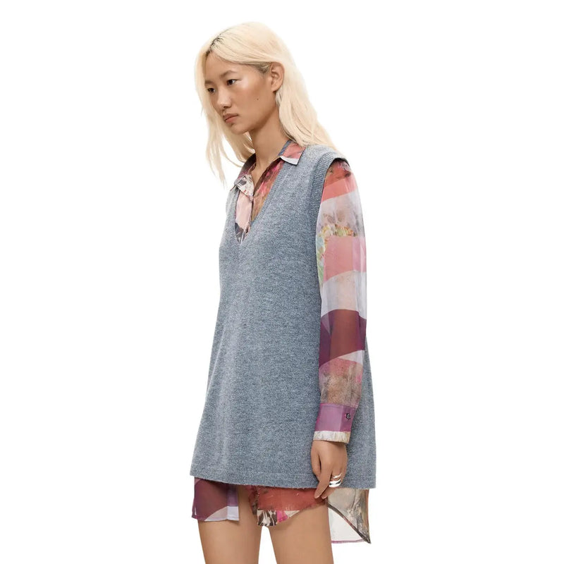 Desigual women grey polyester sleeveless low cut dress styled with a soft blue knit sleeveless dress and floral long sleeve shirt