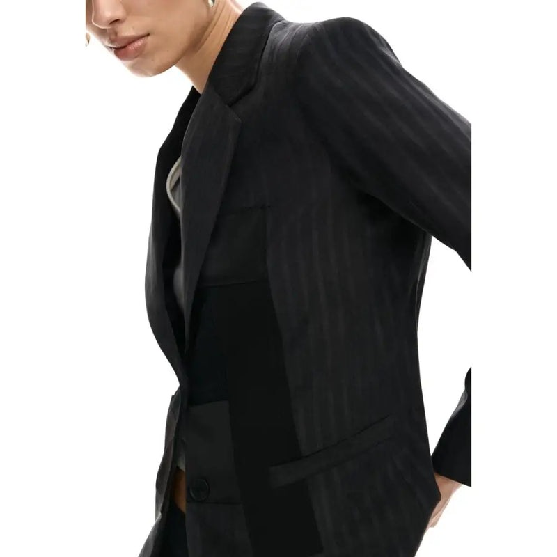 Desigual women grey pinstripe blazer with lapel collar featuring structured fit and contrasting solid black panels