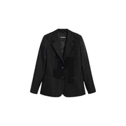 Desigual women grey pinstripe blazer with lapel collar featuring black textured fabric and subtle vertical stripes