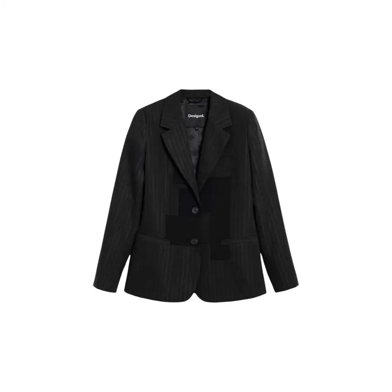 Desigual women grey pinstripe blazer with lapel collar featuring black textured fabric and subtle vertical stripes