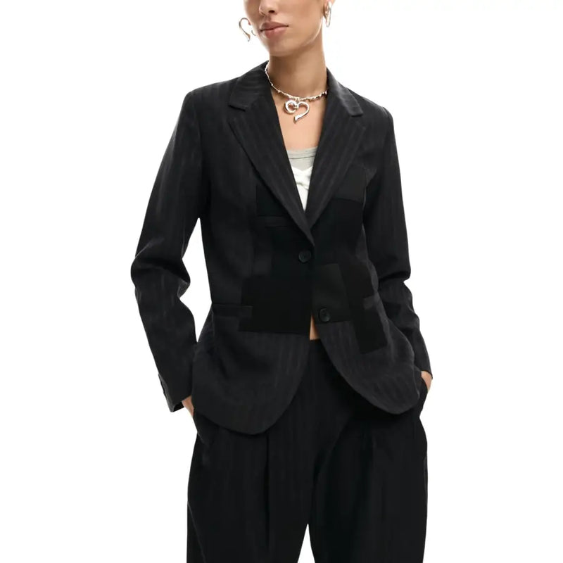 Desigual women grey pinstripe blazer in black with a textured glossy finish and bold geometric patchwork details on front