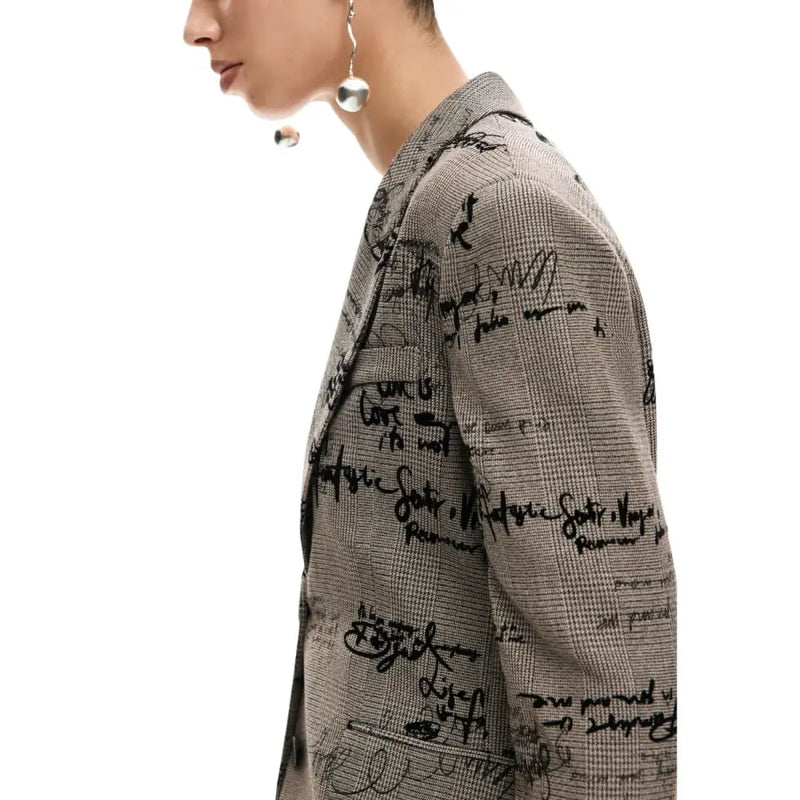 Desigual women grey print button blazer in beige with subtle herringbone weave and black handwritten script pattern