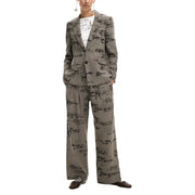 Desigual women grey blazer and matching wide-leg trousers with bold black handwritten script pattern and pockets