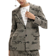 Desigual women grey plaid print button blazer with black handwritten script pattern and front pockets