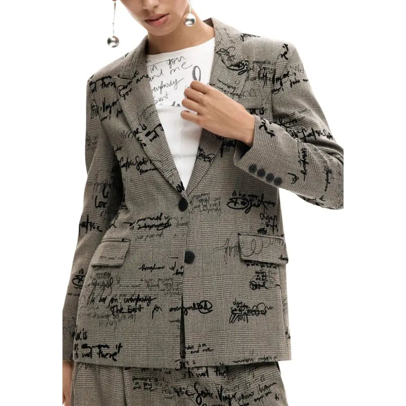 Desigual women grey plaid print button blazer with black handwritten script pattern and front pockets