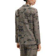 Desigual women grey houndstooth blazer with black handwritten script pattern buttoned front and pockets