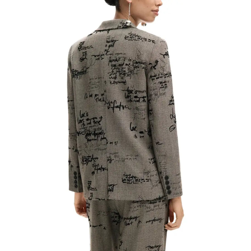 Desigual women grey houndstooth blazer with black handwritten script pattern buttoned front and pockets