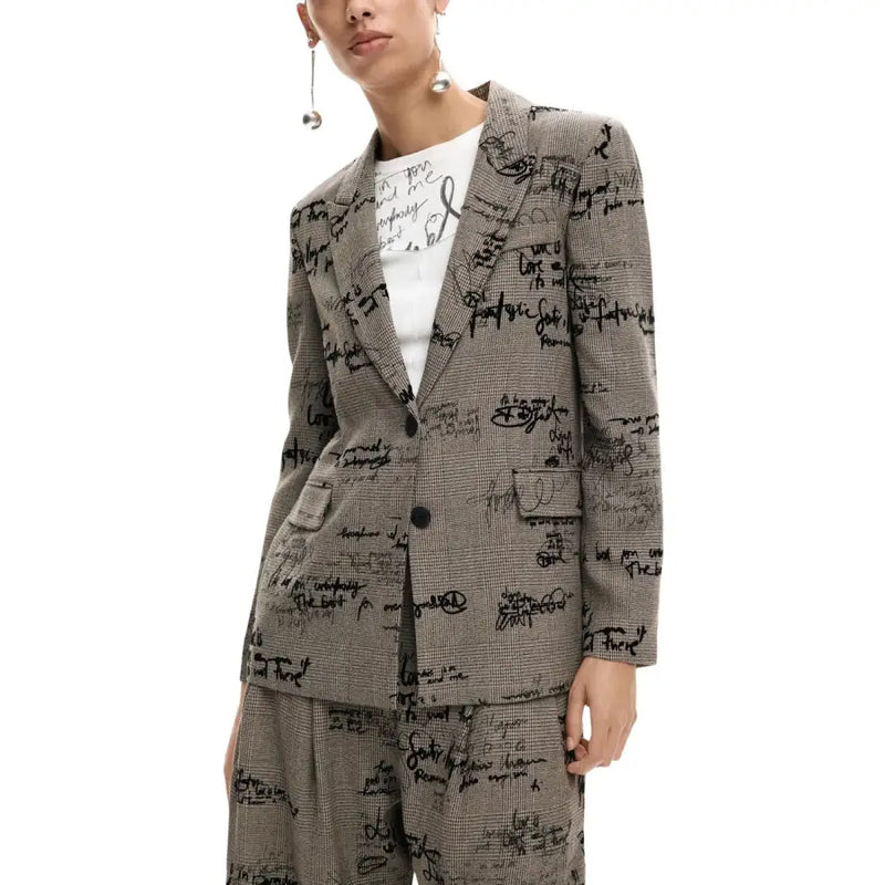 Desigual women grey print button blazer with pockets featuring a black script pattern on a subtle checkered base