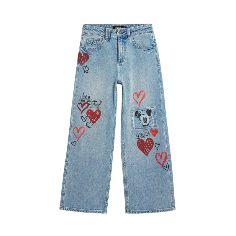 Jean Desigual pour femme en denim de coton bleu clair avec des cœurs rouges et un écusson Mickey Mouse sur la cuisse