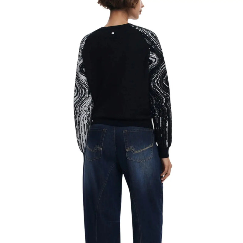 Pull Desigual pour femme en maille noire mélangée viscose avec motifs complexes de sequins argentés le long des manches