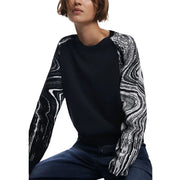 Pull Desigual pour femme en maille noire mélangée viscose avec motif marbré noir et blanc et manches contrastées