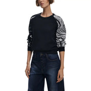 Pull Desigual pour femme, en maille noire mélangée viscose, orné de délicats motifs tourbillonnants blancs sur les manches et de poignets froncés.