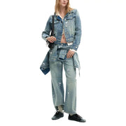 Blazer en denim bleu clair court Desigual pour femme, avec poches et ourlet effiloché