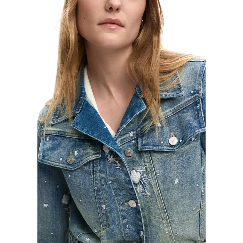 Blazer bleu clair Desigual pour femme, orné de broderies florales et d'effet usé