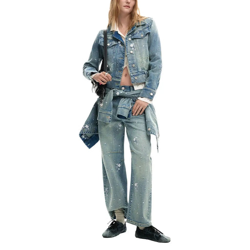 Desigual women light blue blazer made of distressed light-wash denim with cropped button-up design and frayed hem