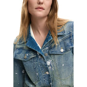 Desigual women light blue blazer made of medium-wash denim with white embroidered floral stars and gold-tone buttons