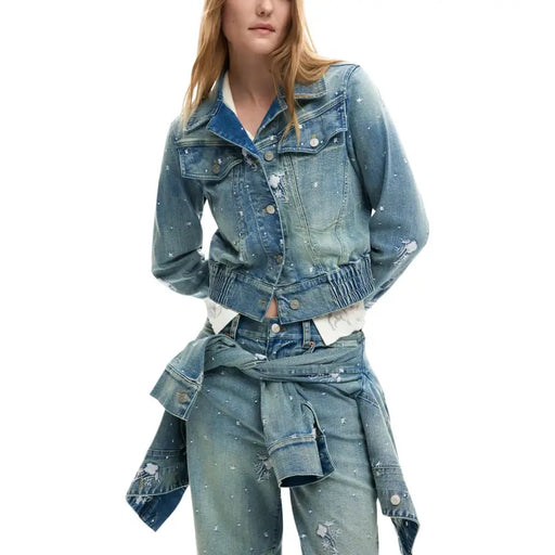 Desigual women light blue blazer with pockets featuring distressed denim material and white floral embroidery details