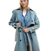 Desigual women light blue cotton blazer with belt featuring light-wash denim trench coat style and double-breasted front