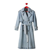 Desigual women light blue cotton denim trench coat with belted waist and classic double-breasted front