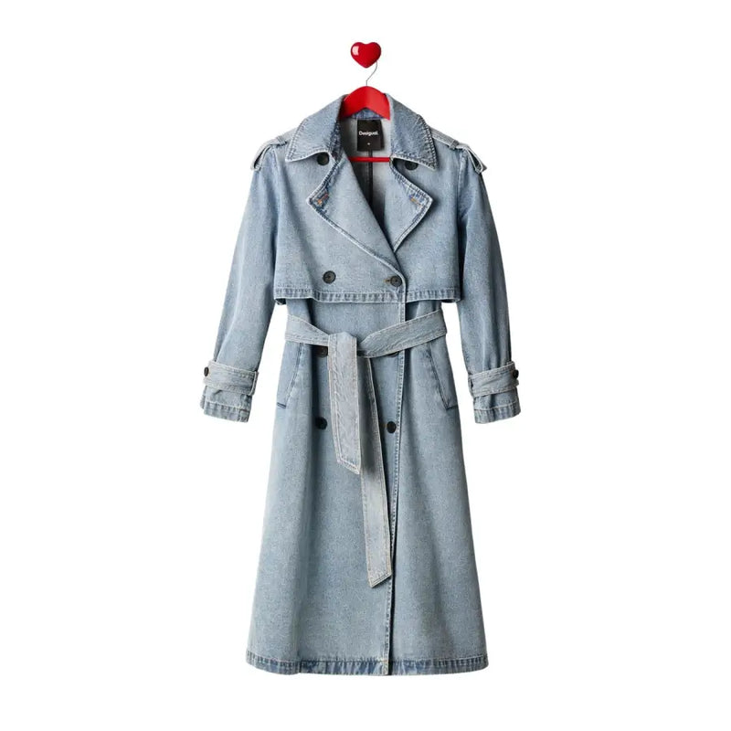 Desigual women light blue cotton denim trench coat with belted waist and classic double-breasted front