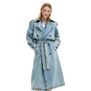 Desigual women light blue cotton blazer with matching belt and black buttons crafted in denim trench coat style