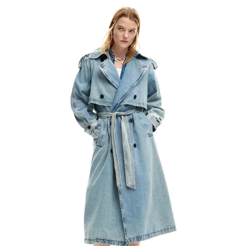 Desigual women light blue cotton blazer with matching belt and black buttons crafted in denim trench coat style