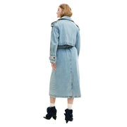 Desigual women light blue cotton blazer with belt featuring light-wash denim trench coat style and rolled-up cuffs