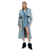 Desigual women light blue cotton blazer with belted waist and asymmetrical hem in light-wash denim trench style