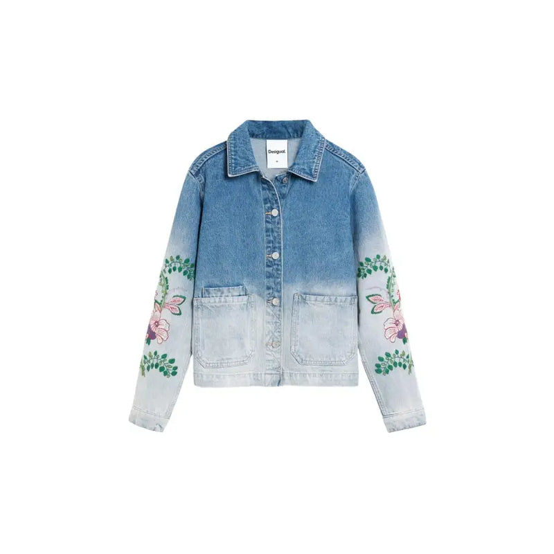 Desigual women light blue cotton blazer with gradient denim fade and pink green floral embroidery on sleeves