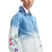 Desigual women light blue cotton blazer with colorful floral embroidery on the sleeve and pink collared shirt underneath