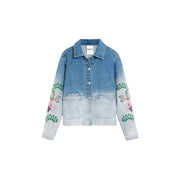 Desigual women light blue cotton blazer with gradient denim fade and pink green floral embroidery on sleeves