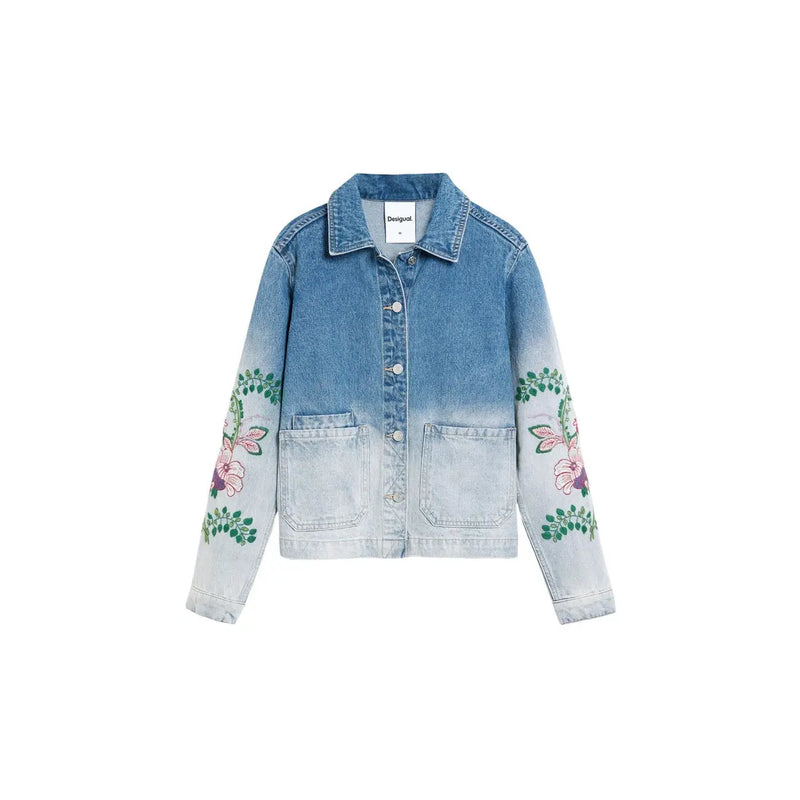 Desigual women light blue cotton blazer with gradient denim fade and pink green floral embroidery on sleeves