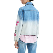 Desigual women light blue cotton blazer featuring a denim gradient fade and pink floral embroidery on the sleeve