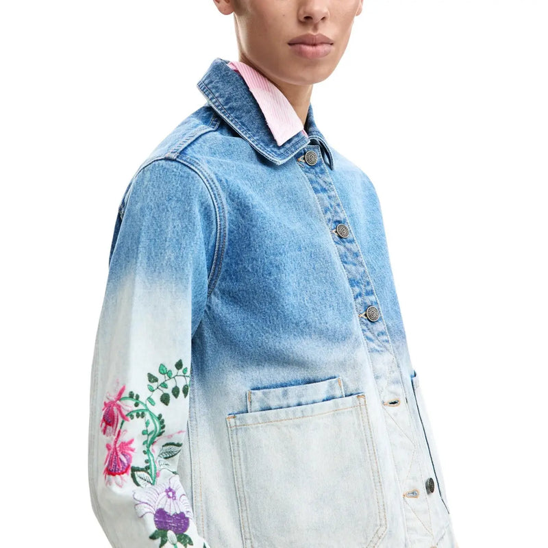 Desigual women light blue cotton blazer with colorful floral embroidery on the sleeve and pink collared shirt underneath