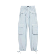 Pantalon cargo Desigual pour femme en coton bleu clair, avec de multiples poches et une taille élastiquée à cordon.