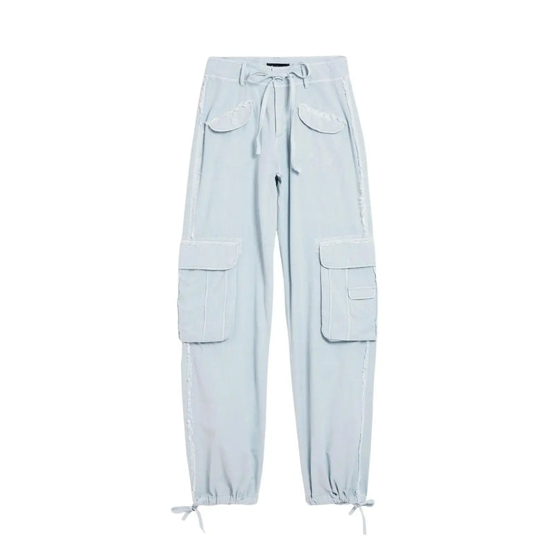 Pantalon cargo Desigual pour femme en coton bleu clair, avec de multiples poches et une taille élastiquée à cordon.