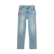 Jean Desigual pour femme en coton bleu clair, denim délavé et broderies florales colorées sur les poches avant